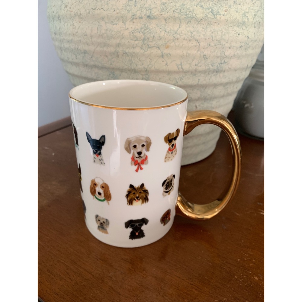 Rifle Paper Co Dogs Porcelain Mug Gold‎ Handle White Illustrated Coffee Cup
